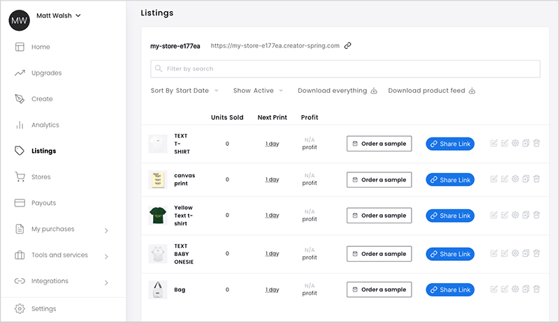 Spring's main dashboard