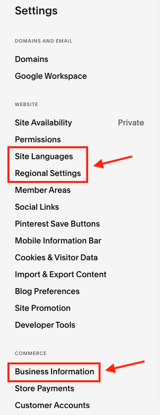 Squarespace settings.