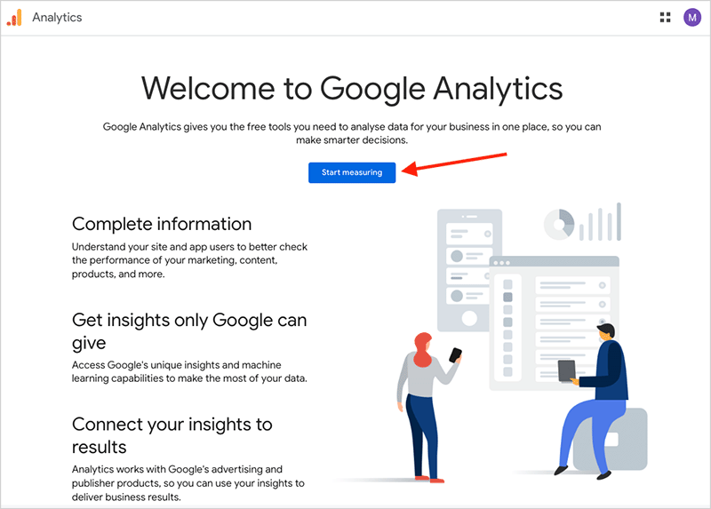Google Analytics page displaying the 'start measuring' button.