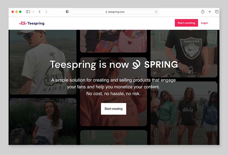 The Teespring home page announcing the company's rebrand as 'Spring'.