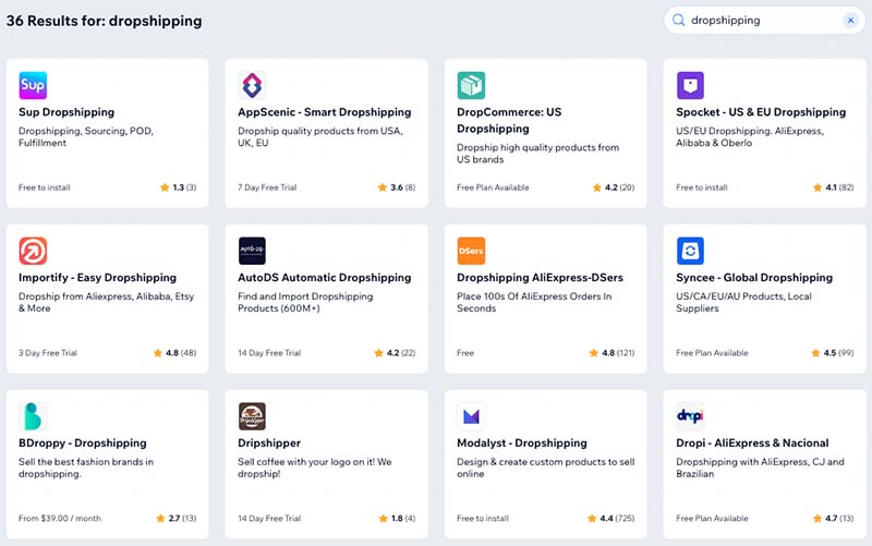 Some of the dropshipping apps and integrations available for Wix