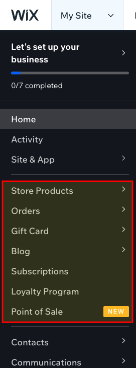 The Wix dashboard menu featuring several tabs for ecommerce settings.