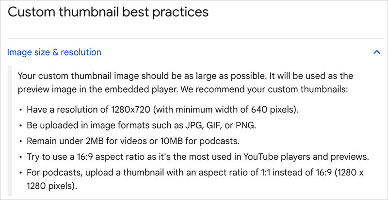 YouTube user documentation on best practices for creating video thumbnails.