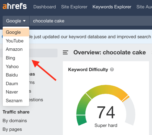 The search engines you can perform research with in Ahrefs