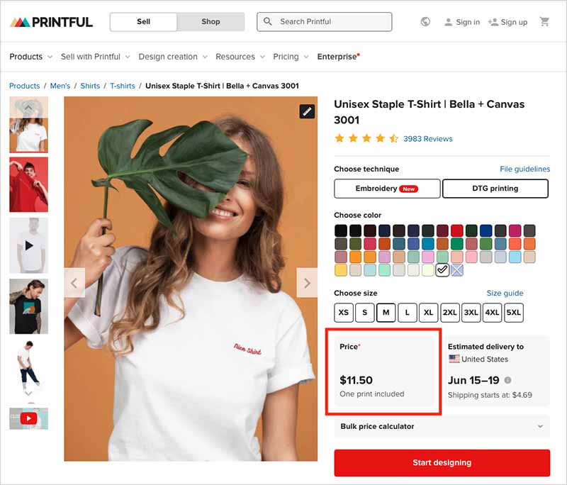 Bella and Canva t-shirt product listing in Printful
