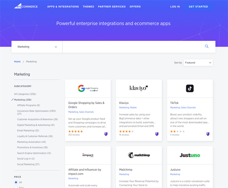 A selection of apps that are currently available in the BigCommerce app store.