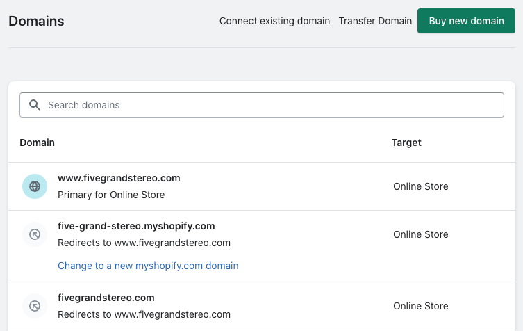 Editing domain settings in Shopify