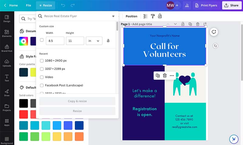 Using Canva's 'magic resize' tool on a nonprofit design.