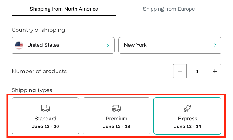 'Standard', 'Premium' and 'Express' shipping options in SPOD