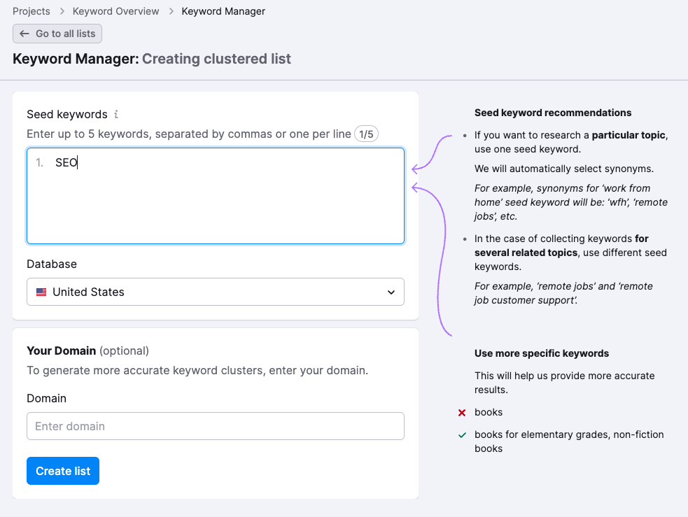 Creating a clustered list in Semrush