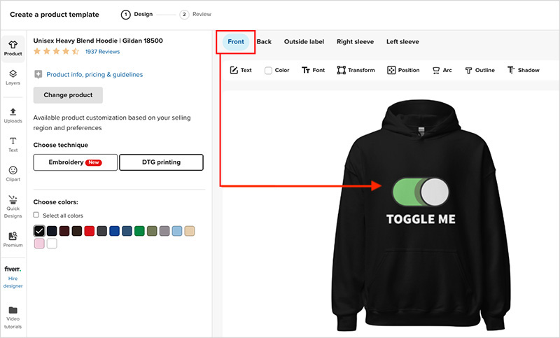 Print areas in the Printful product designer.