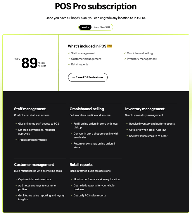 Shopify 'POS Pro' pricing and features
