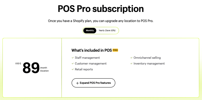 Shopify 'POS Pro' pricing details.