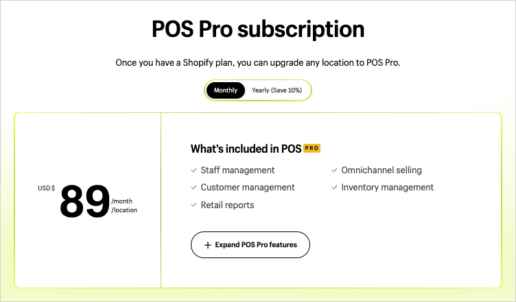 Pricing for Shopify's 'POS Pro' subscription.