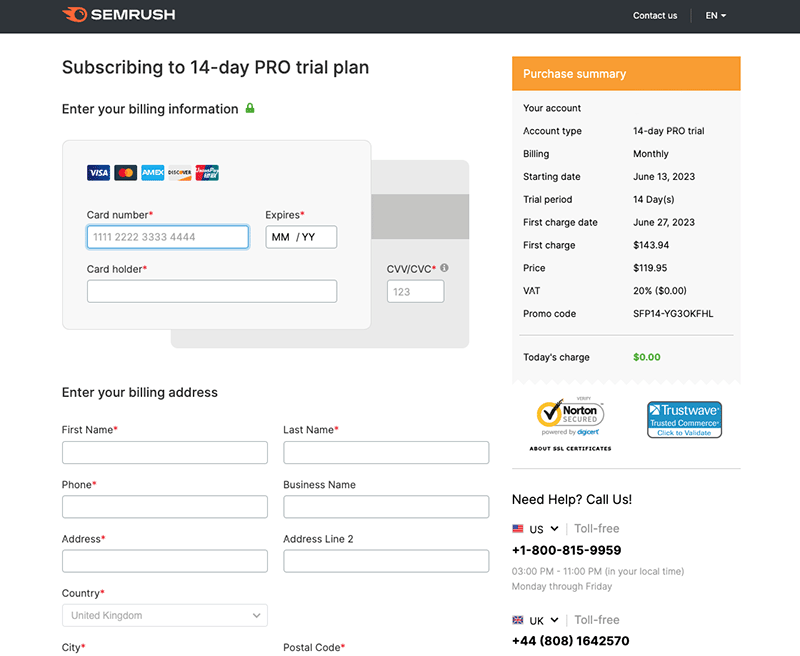 Submitting card details and activating the Semrush coupon