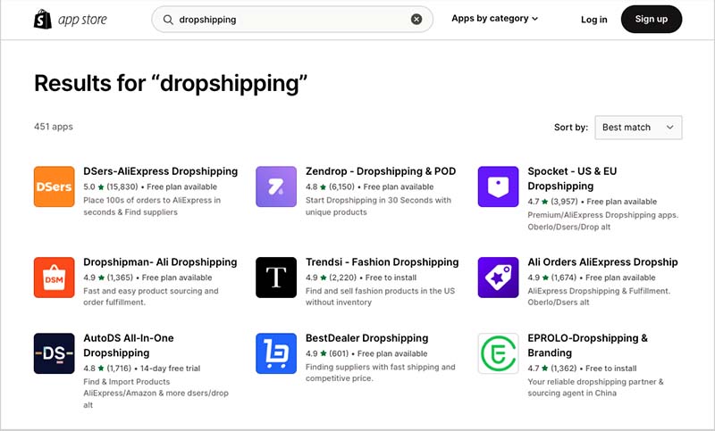 Dropshipping apps in Shopify's app store.
