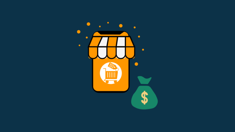 Graphic accompanying a section on how to assess the value of a Shopify store. An image of an online store and a dollar sign.