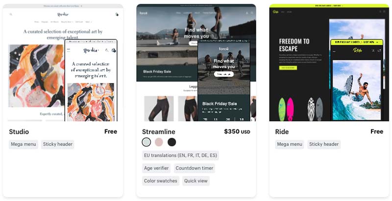 Some examples of the available templates in Shopify