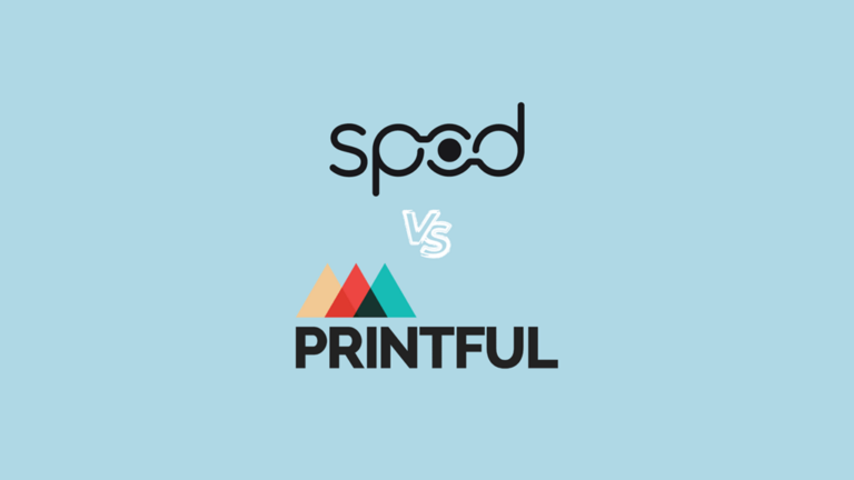 'SPOD vs Printful' image featuring the Spod and Printful logos on a light blue background.