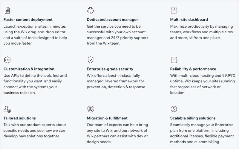 Some of the key features on Wix's enterprise plan.
