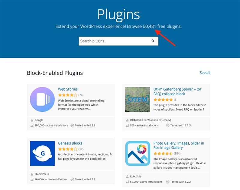 WordPress plugins in the official WordPress plugin directory displaying 60,481 plugins available.