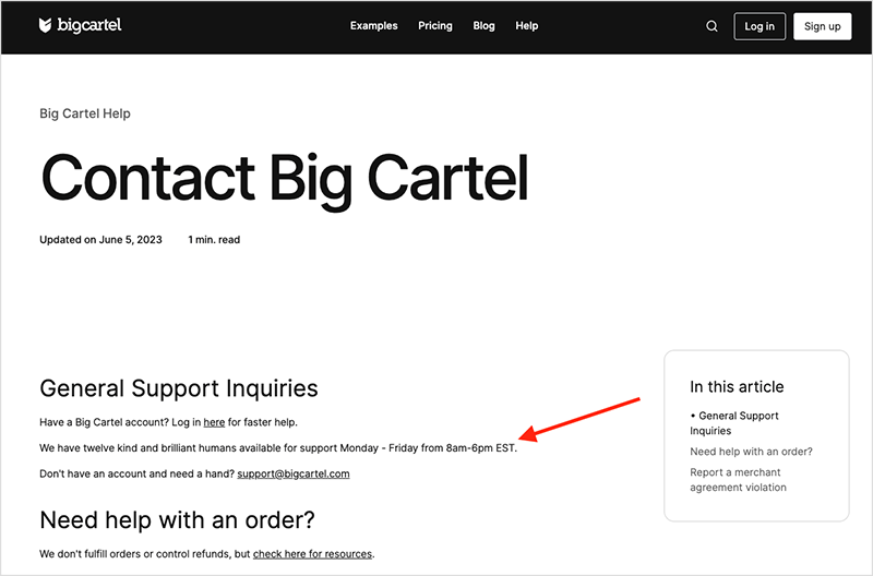 BigCartel 's contact information page.