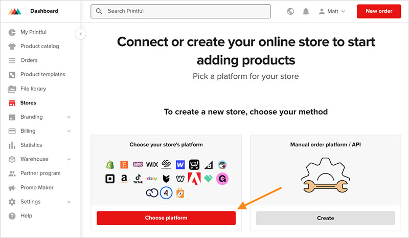 Choosing an integration platform in Printful.