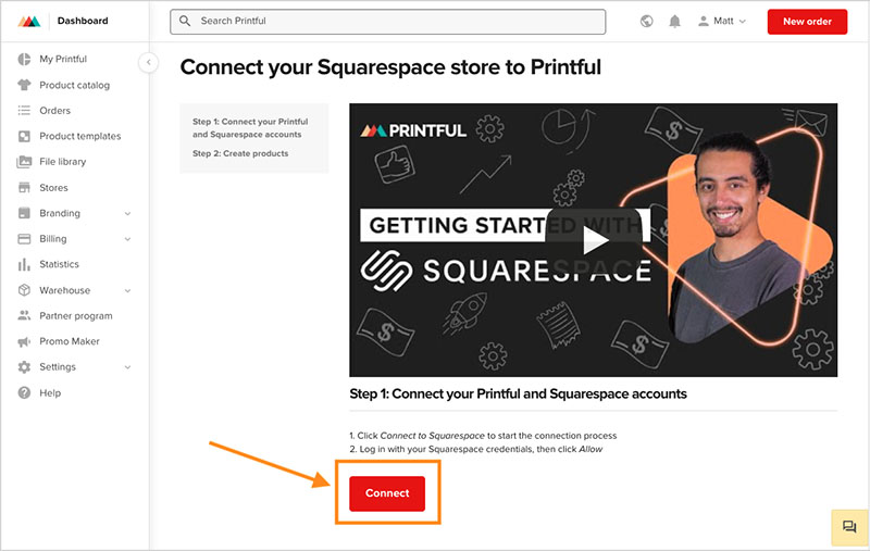 Connecting to Squarespace in Printful.