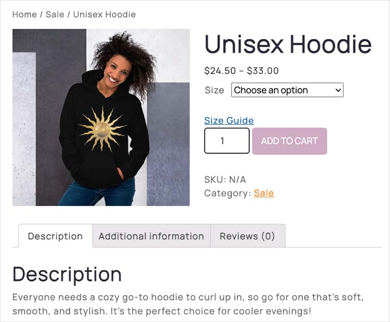 A live product listing in WooCommerce.