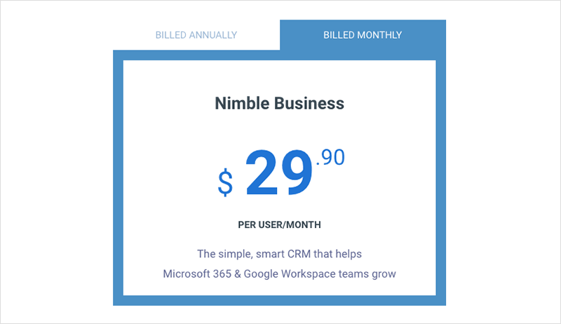 Nimble CRM monthly pricing ($29.90 per month).