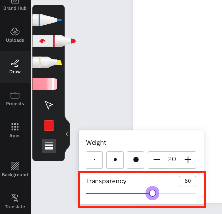 Pen transparency settings