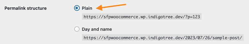Permalink structure set to 'Plain'.