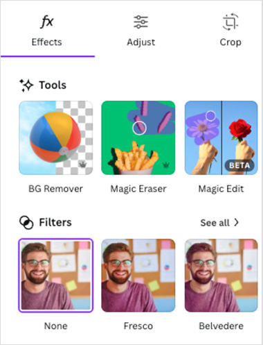 Photo editing options in Canva including the background remover, magic eraser and magic edit tools.