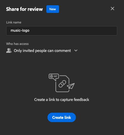 'Share for review' settings in Photoshop.