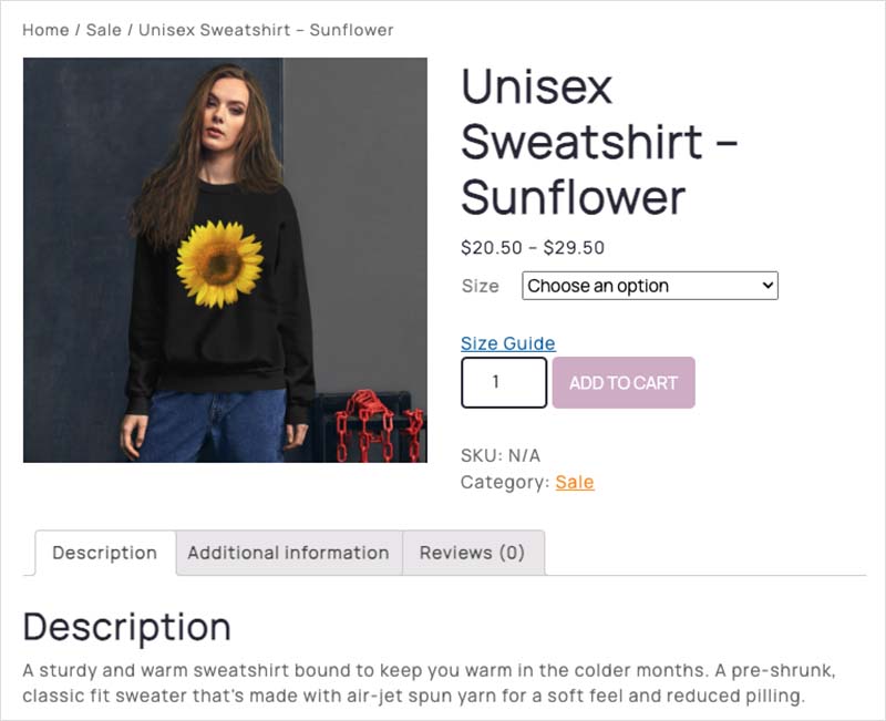 A live Printful product listing in a s it appears in a WooCommerce store.