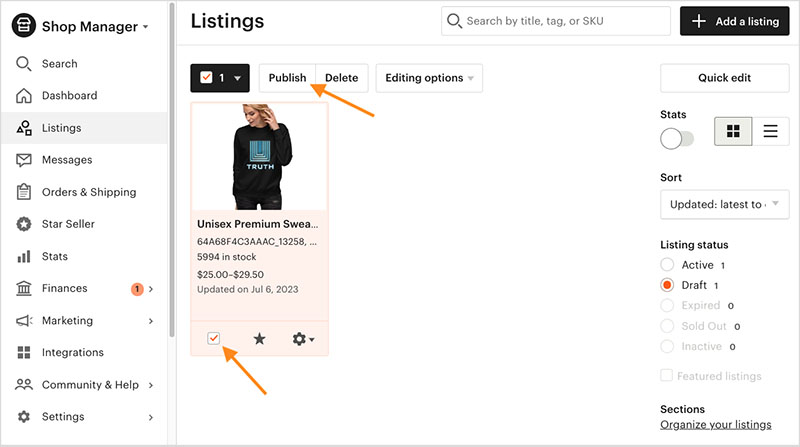 Publishing a draft product listing in Etsy.