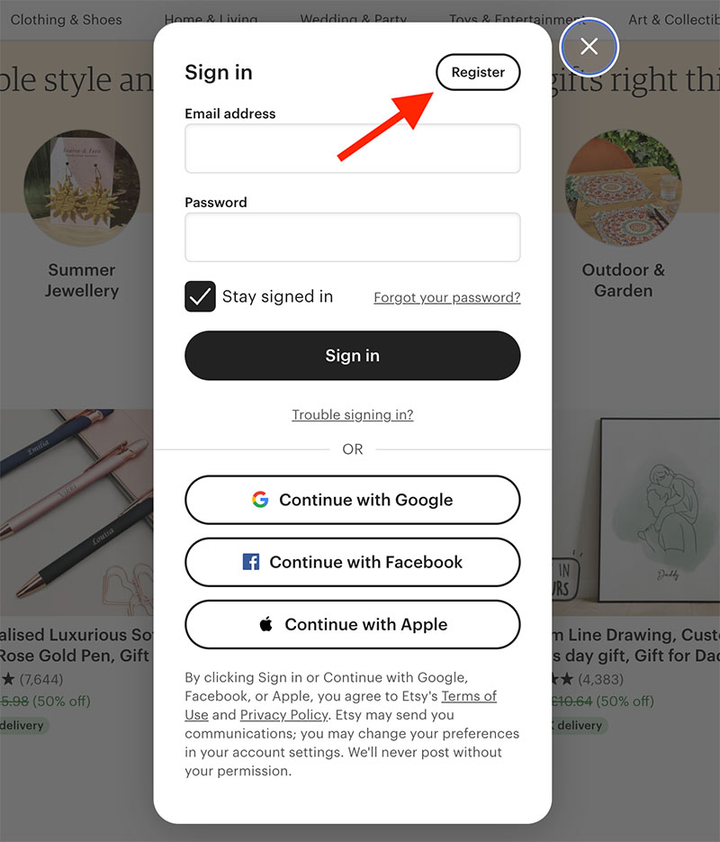 Registering for an Etsy account