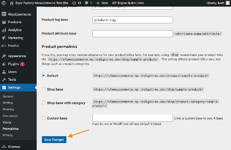 Saving changes in WordPress.