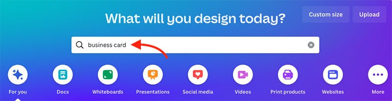 Searching for business card templates in Canva.