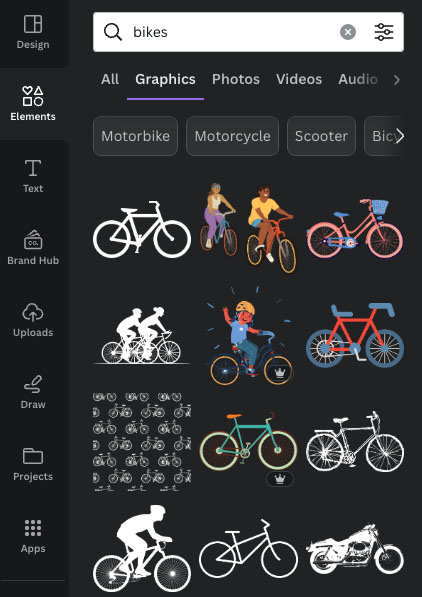 Cava's 'Elements' search tab with search results of 'bikes' graphics displayed.