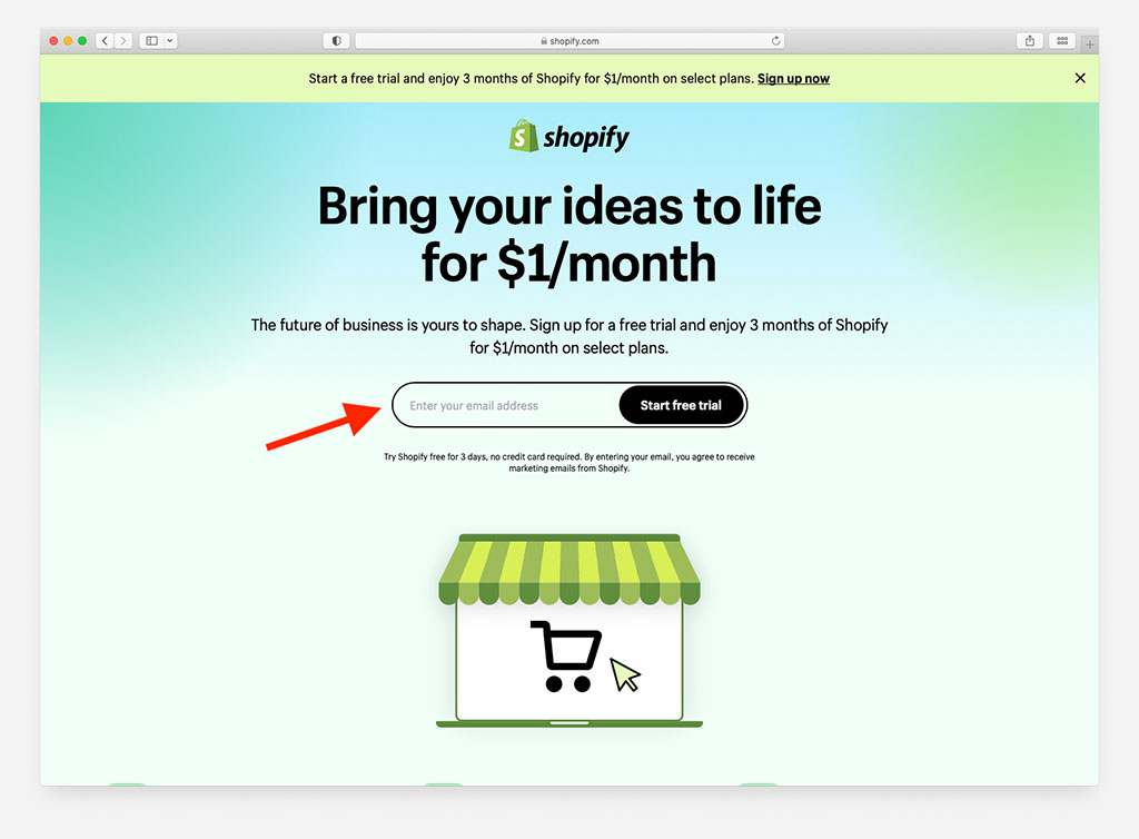The Shopify $1 for 3 months signup page.