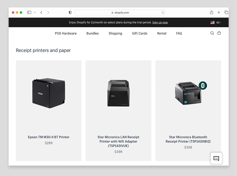 Examples of POS equipment available from the Shopify Hardware Store (July 2023)