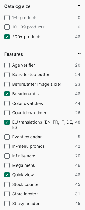 Applying filters in the Shopify theme store.
