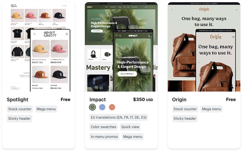 Some free and paid-for themes in the Shopify theme store.