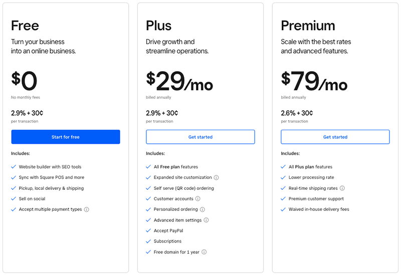 Pricing plans for Square Online.