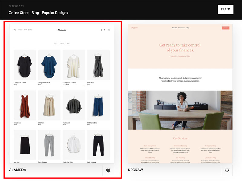 Squarespace's 'Alameda' template in the Squarespace template library