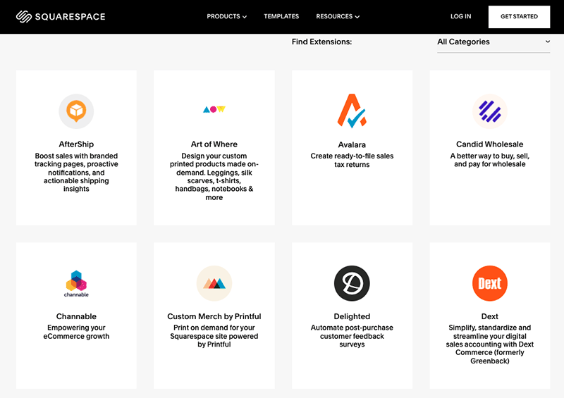 Squarespace's 'Extensions' store.