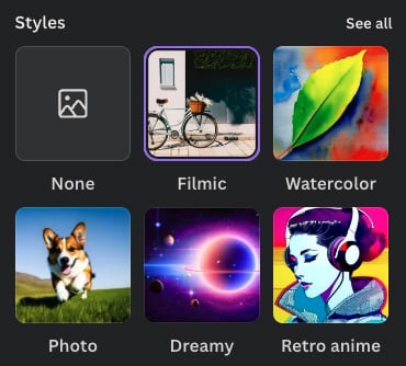 Choosing a style for your digital 'text-to-image' artwork in Canva.