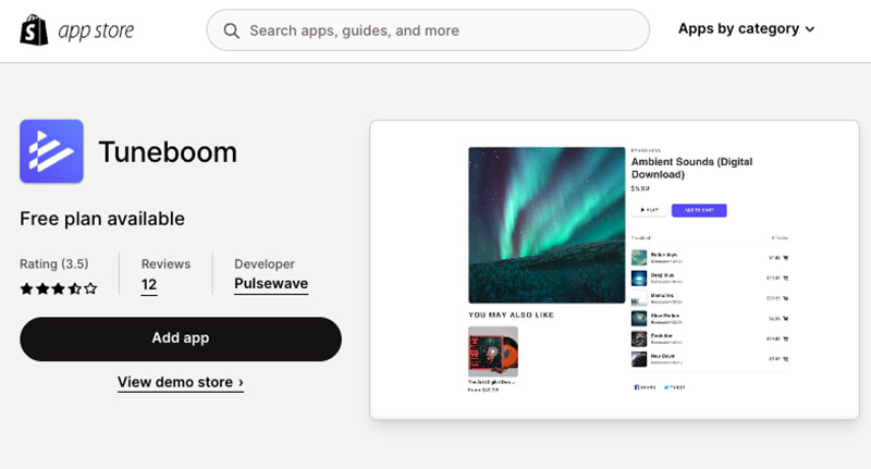 The Tuneboom app in the Shopify app store.