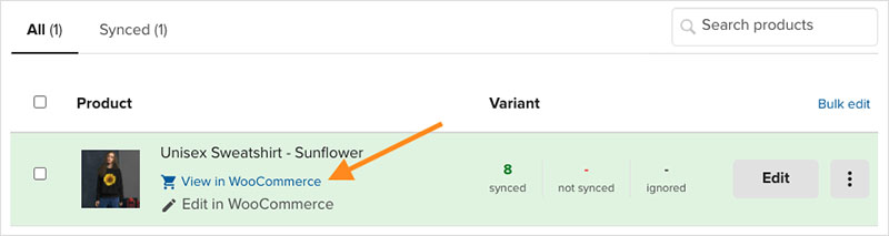 Printful lets you view your live product listing on your WooCommerce store via the ‘View in WooCommerce’ link.